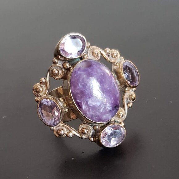 Huge CHAROITE & AMETHYST Ring in Silver Purple Gemstone jewelry - Picture 9 of 16